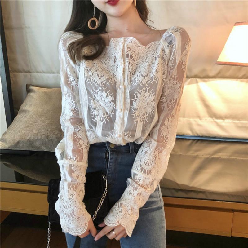 Mesh Pearls Shirts Strapless Lace Long Sleeve Gauze Stitching Blouse Lavender Coco