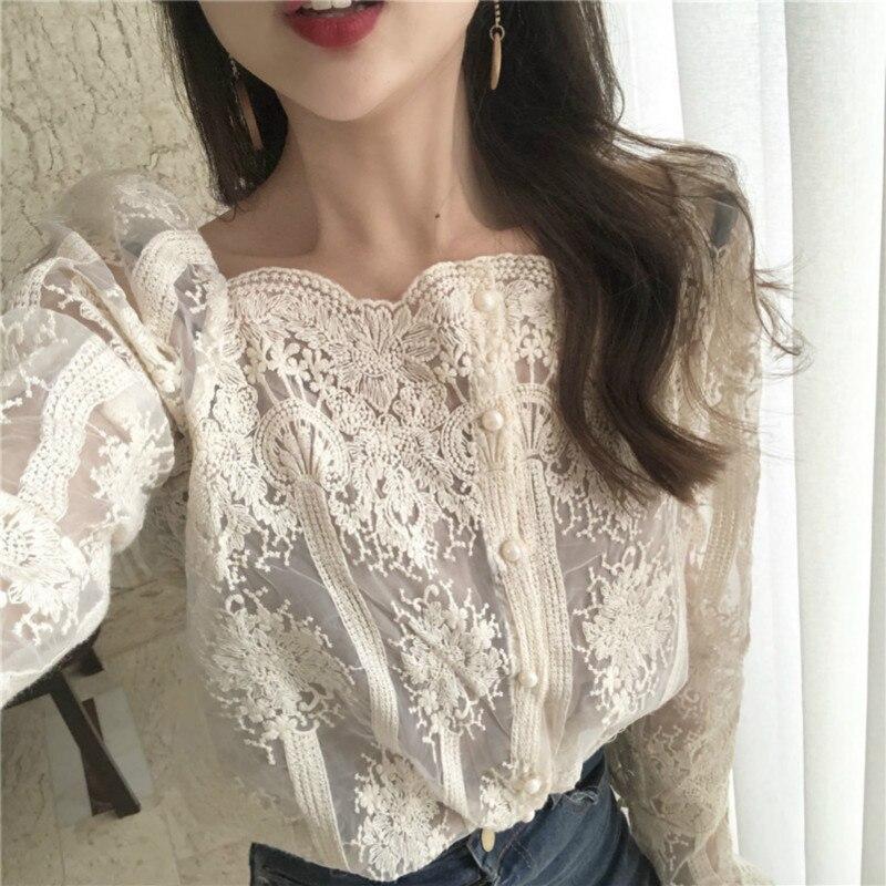 Mesh Pearls Shirts Strapless Lace Long Sleeve Gauze Stitching Blouse Lavender Coco