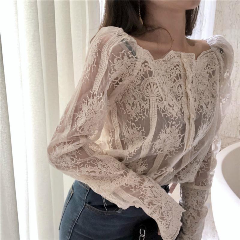 Mesh Pearls Shirts Strapless Lace Long Sleeve Gauze Stitching Blouse Lavender Coco