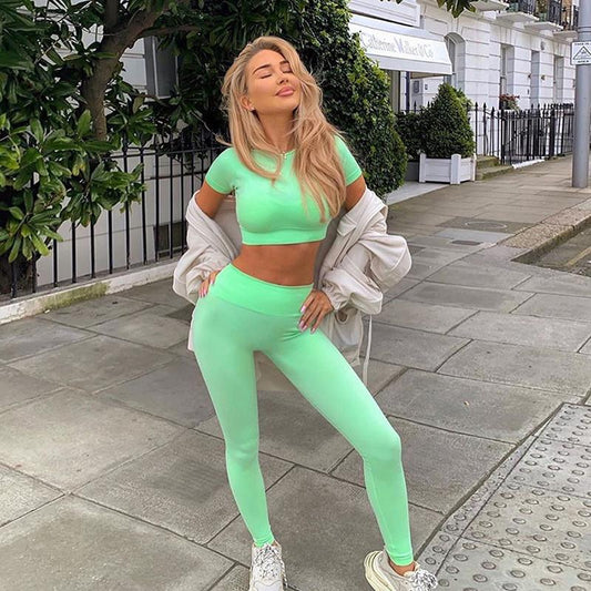 Sporty Tracksuit Women Casual Solid Short Sleeve Crop Top and Leggings Blue Charlie