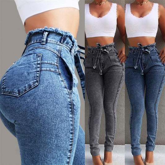 2019 women's jeans Slim stretch tassel belt high waist jeans women Blue Charlie