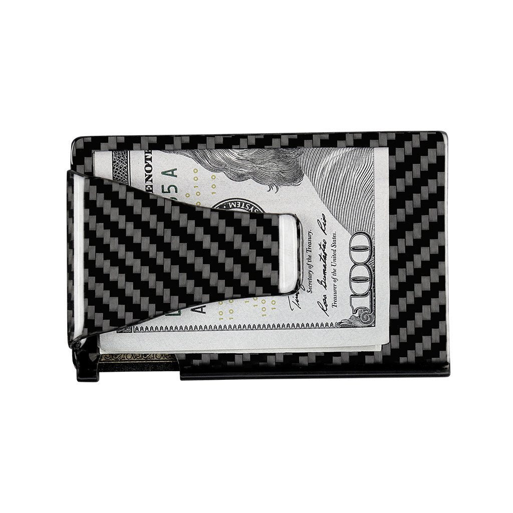 Real Carbon Fiber Cash & Card Slim Wallet with money clip and RFID blocking feature.