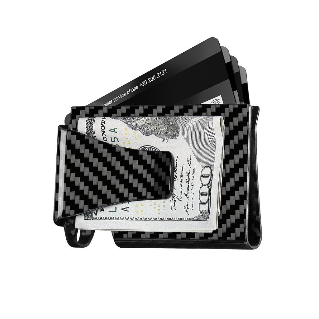 Real Carbon Fiber Cash & Card Slim Wallet with money clip, designed for RFID blocking.