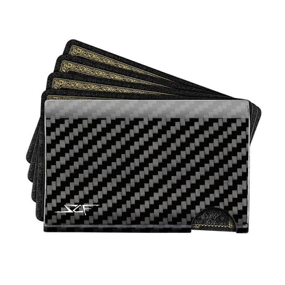 Real carbon fiber slim wallet with RFID blocking, holds up to 7 cards and 20 bills.