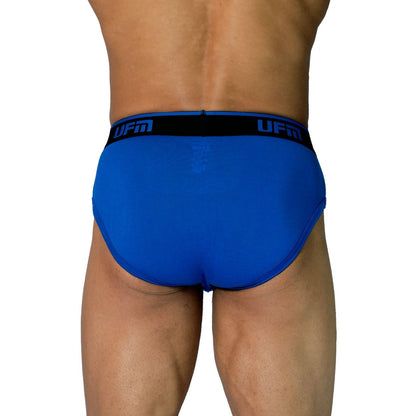 Men's bamboo briefs with adjustable pouch support in royal blue.