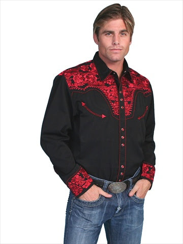 Scully P-634-CRI-L Mens Western Shirt - Crimson- Large Rose Chloe