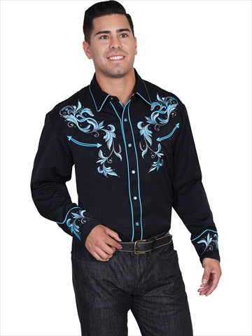 Scully P-844-BLK-L Mens Western Shirt - Black, Large Rose Chloe