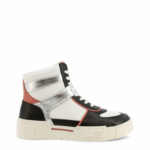 Silver high top sneakers with coral accents by Love Moschino, featuring a leather upper and rubber sole.