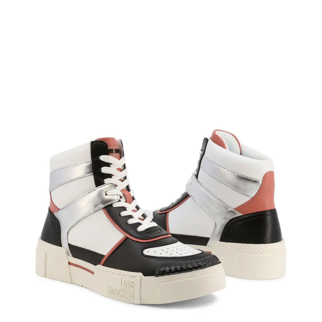 Silver high top sneakers by Love Moschino, leather upper, rubber sole, silver and coral accents.