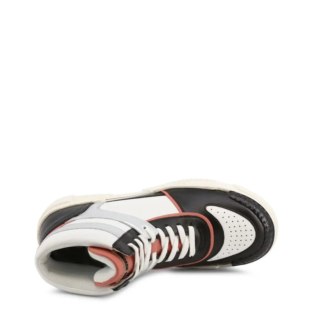 Silver high top sneakers with coral accents and white leather, Love Moschino design.