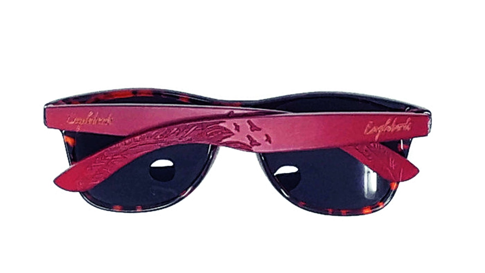 Red Bamboo Tortoise Framed Sunglasses With Wood Case, Artisan Engraved Purple Ariadne