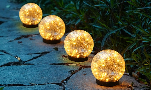 2Pcs Solar Lights Outdoor Garden Decor Cracked Glass Ball Warm Lights Pink Iolaus