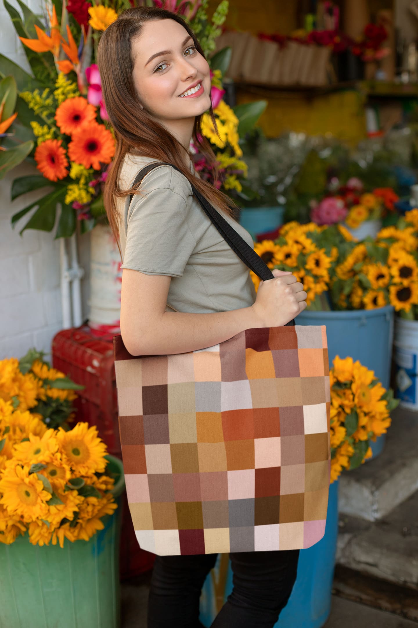 Canvas Tote Bags, Natural Brown Colorblock Print Grey Coco