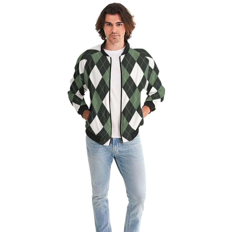 Bomber Jacket for Men, Green and White Tartan Plaid Pattern Grey Coco