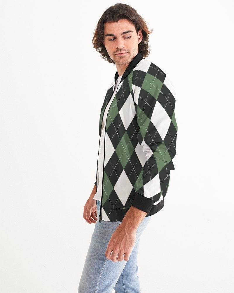 Bomber Jacket for Men, Green and White Tartan Plaid Pattern Grey Coco