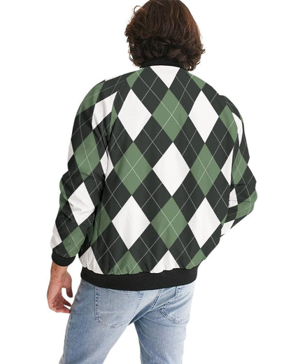 Bomber Jacket for Men, Green and White Tartan Plaid Pattern Grey Coco