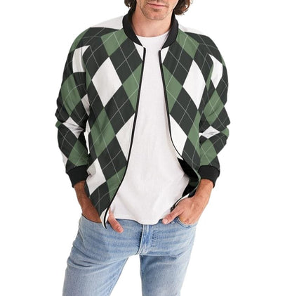 Bomber Jacket for Men, Green and White Tartan Plaid Pattern Grey Coco