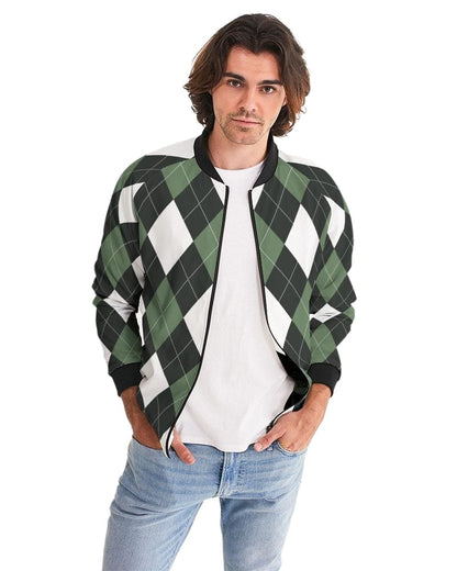 Bomber Jacket for Men, Green and White Tartan Plaid Pattern Grey Coco