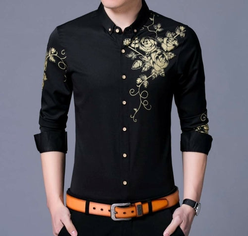 Mens Button Front Shirt with Floral Design Yellow Pandora